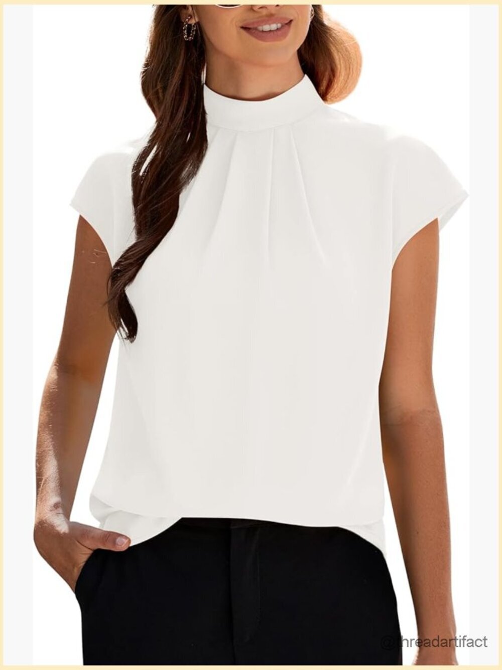 Mock Neck Short Cap Sleeve Blouse Business Casual Work Chiffon Tunic Top